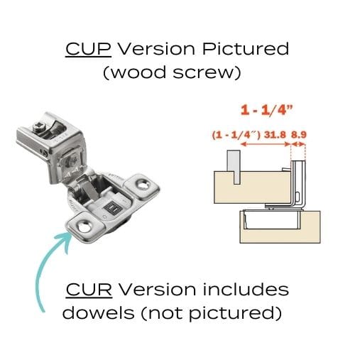 CUR3AD9 - Hinge - 106 Degree - 1-1/4 Inch Overlay - Soft Close - Dowels - Face Frame - 2 Cam - Nickel Finish - Salice